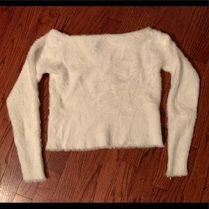 White off the shoulder fuzzy sweater